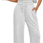 Trendy Queen 2 Piece Matching Summer Sweatsuit Lounge Set Womens Wide Leg Pants Side Ruching Crop Top Sets