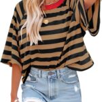Dokotoo Tops for Women Striped 2025 Fashion T Shirts for Women Color Block Crewneck Design Loose Basic Tee