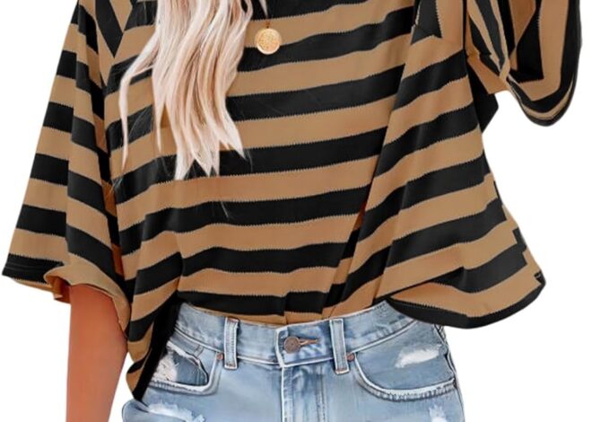 Dokotoo Tops for Women Striped 2025 Fashion T Shirts for Women Color Block Crewneck Design Loose Basic Tee