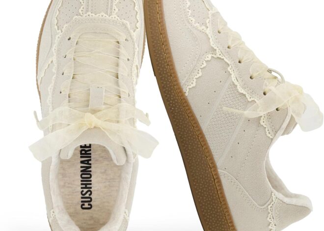 CUSHIONAIRE Belinda Women’s Lace Detail Casual Sneakers – Elegant Ribbon Lace-Up Shoes with Memory Foam